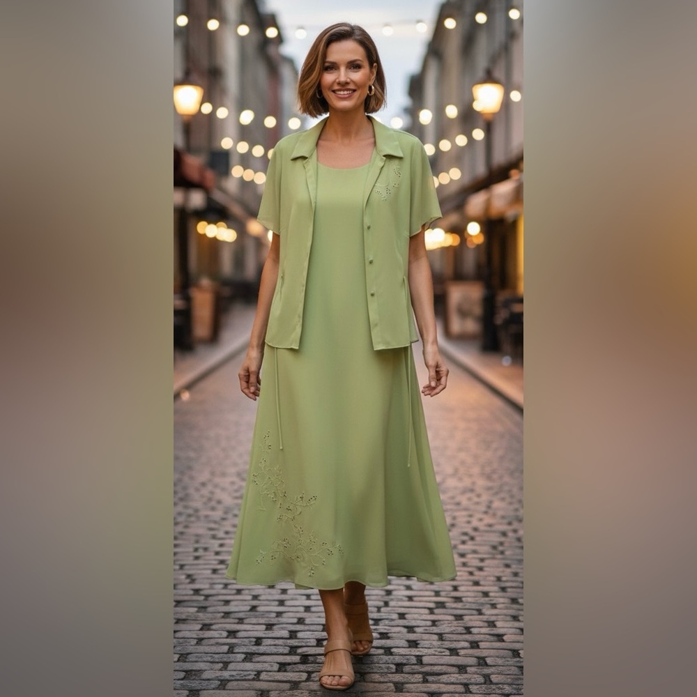Studio1 lime color beautifully embroidered 2-piece dress set, size 20W